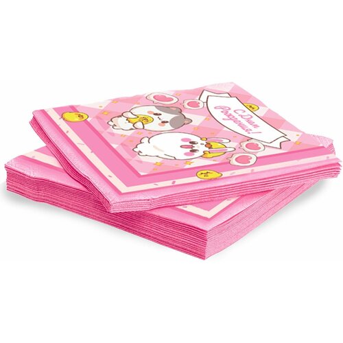 Салфетки бумажные, Кавайные зверушки, Розовый, 33*33 см, 20 шт.