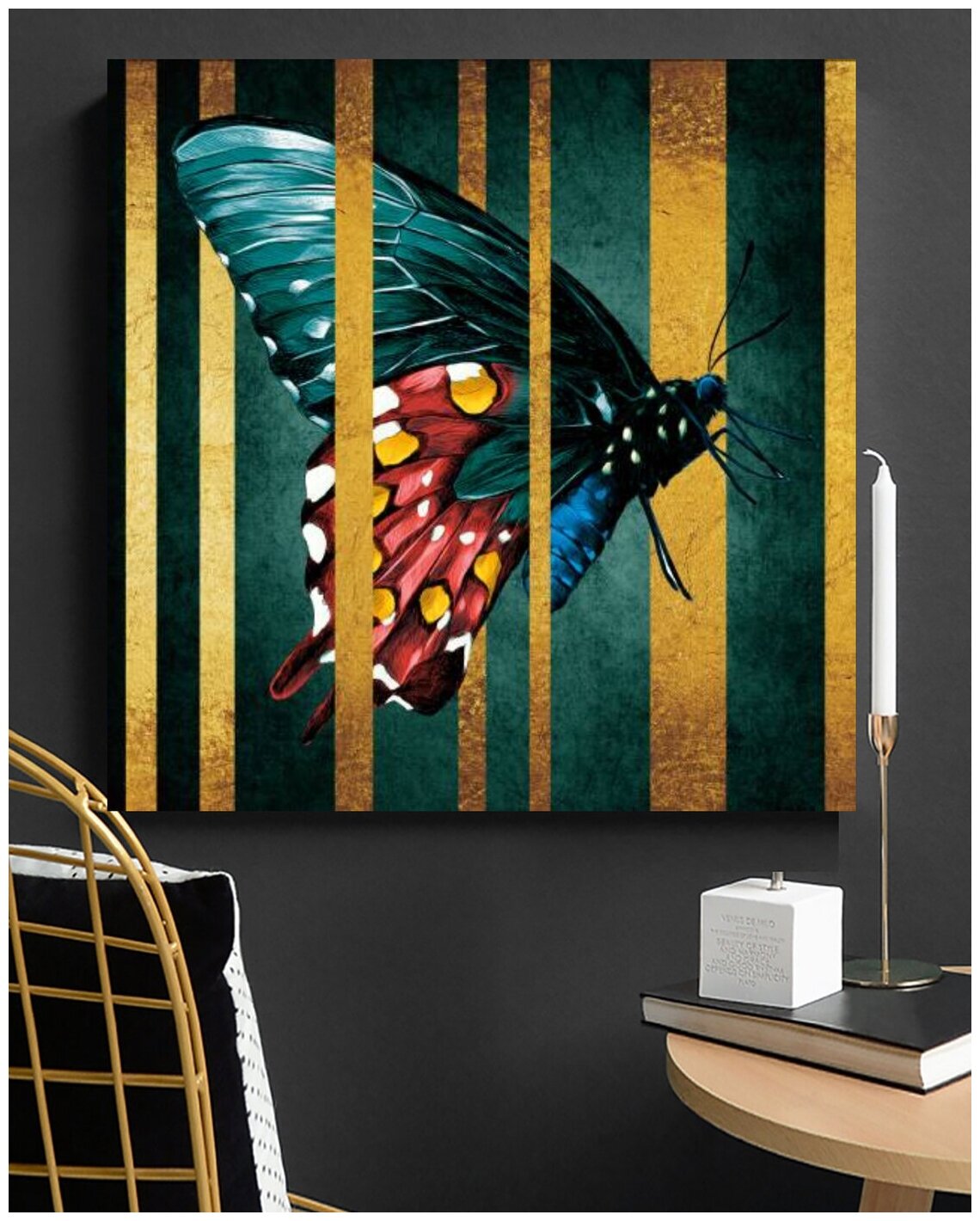 Современная картина на холсте для интерьера в гостиную/зал/спальню "Бабочка в линию", холст на подрамнике, 70х70 см
