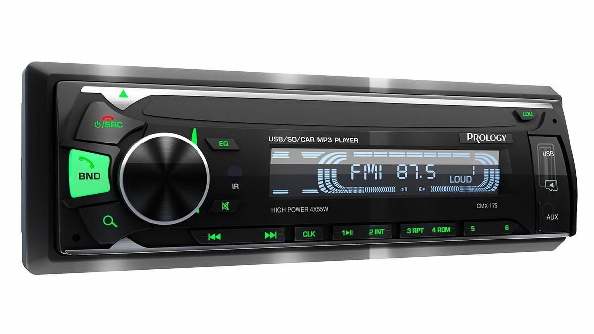 Автомагнитола PROLOGY CMX-175 1DIN SD/USB-ресивер с Bluetooth FM (Зеленая подсветка клавиш)