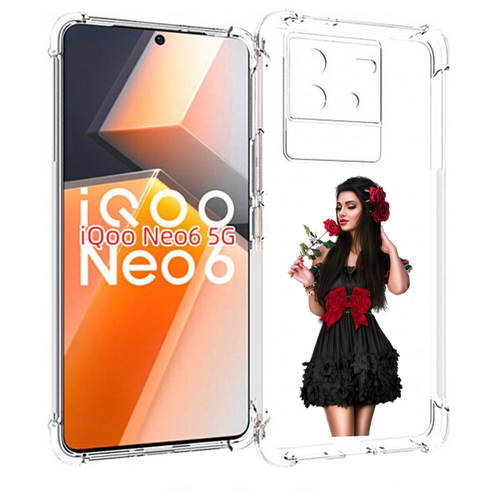 Чехол MyPads девушка-в-черном-платье-с-розой женский для Vivo iQoo Neo 6 5G задняя-панель-накладка-бампер
