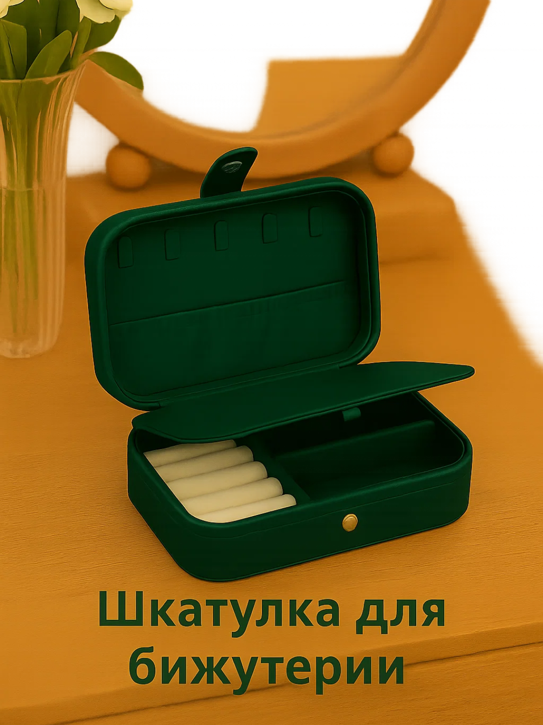 Шкатулка для украшений для современных женщин. Благодаря компактному размеру и современному дизайну, эта шкатулка идеально подходит для хранения колец, серёг, ожерелий и цепочек. Внутренние отделения предназначены для украшений.