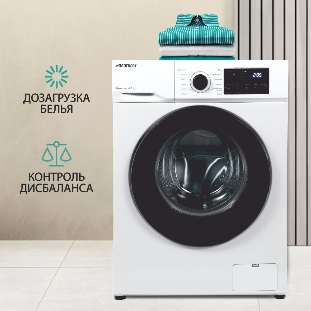 Стиральная машина NORDFROST i-WSQ4 8140 W 8 кг загрузка 60 л объем 1400 об/мин инверторный мотор12 программ цвет белый