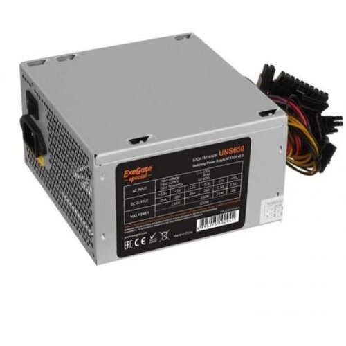 Блок питания ATX Exegate UNS650 ES261571RUS-PC 650W, PC, 12cm fan, 24p+4p, 6/8p PCI-E, 3*SATA, 2*IDE, FDD + кабель 220V в комплекте