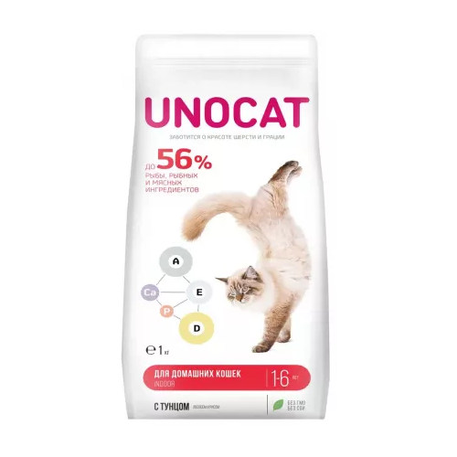 Unocat Корм сухой для взрослых домашних кошек с тунцом, лососем и рисом, 1 кг