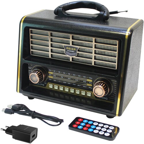 Радиоприёмник с симпатичным ретро-дизайном Meier M-2029BT Black с поддержкой Bluetooth пультом ДУ и блоком питания DC 5V 1А в комплекте 3971₽