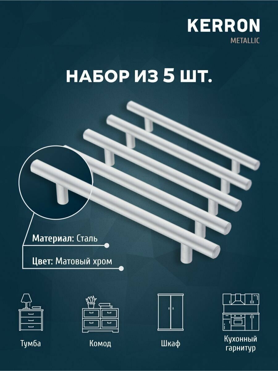 Мебельная ручка-рейлинг KERRON. Комплект из 5 шт. для ящика в шкафу и кухне. Сталь, цвет матовый хром, установочный размер 128 мм — фото 1