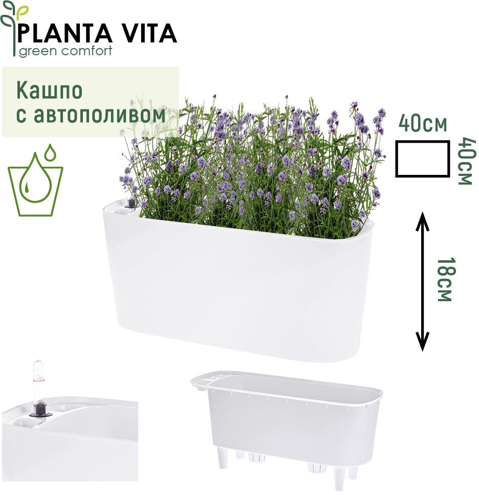 Кашпо для цветов суккулентов кактусов с автополивом пластиковое PLANTA VITA Oval Silk white горшок настольный для декора 40х18хH18 см