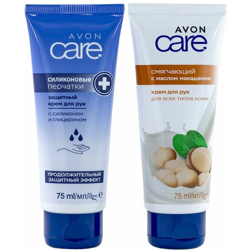 Набор 2 крема для рук: Avon Care с маслом макадамии, Защитный Силиконовые перчатки, по 75 мл / набор кремов для рук / крем для очень сухой кожи / крем с глицерином / крем с силиконом