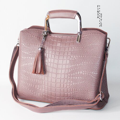 Сумка  шоппер Finsa классическая, натуральная кожа, фактура под рептилию, внутренний карман, регулируемый ремень, розовый