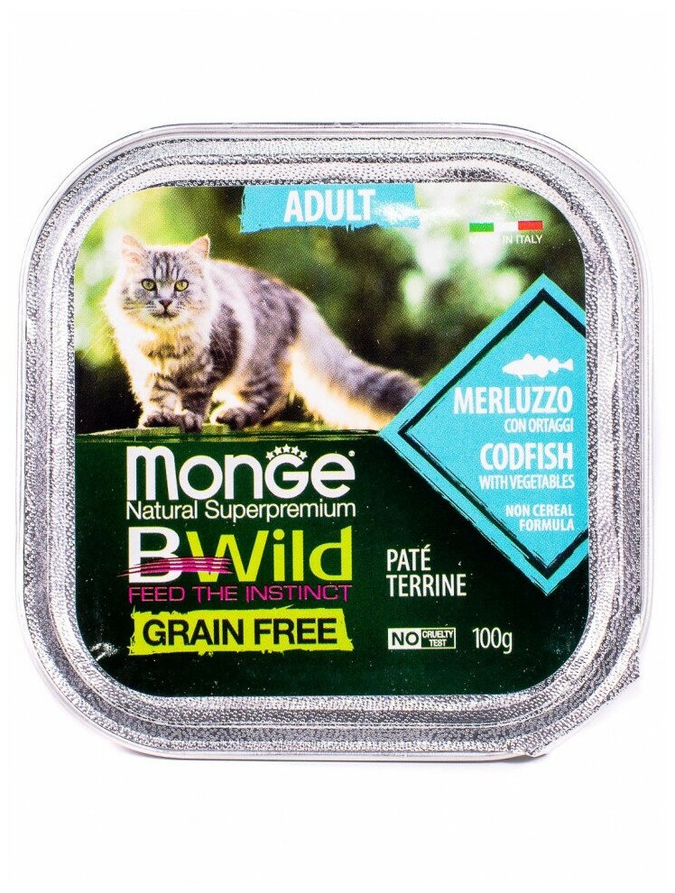 Monge Cat BWild GRAIN FREE беззерновые консервы из трески с овощами для взрослых кошек 100г - фотография № 8