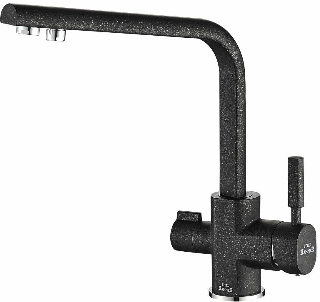 Смеситель ZorG Steel Hammer SH 909 BLACK CR для кухонной мойки, черный гранит с хромом, под фильтр 2в1, классический
