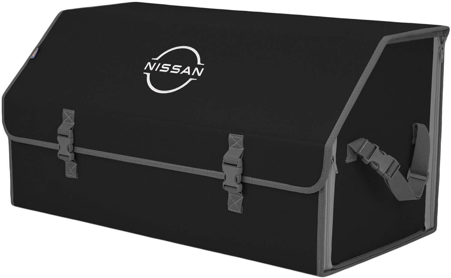 Органайзер-саквояж в багажник "Союз" (размер XL Plus). Цвет: черный с серой окантовкой и вышивкой Nissan (Ниссан).