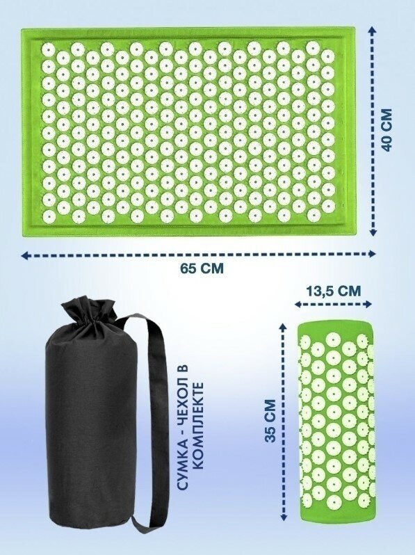 Аппликатор Кузнецова/массажный акупунктурный коврик с валиком для спины и шеи/ортопедическая подушка для спины, шеи и ног/зеленый - фотография № 4