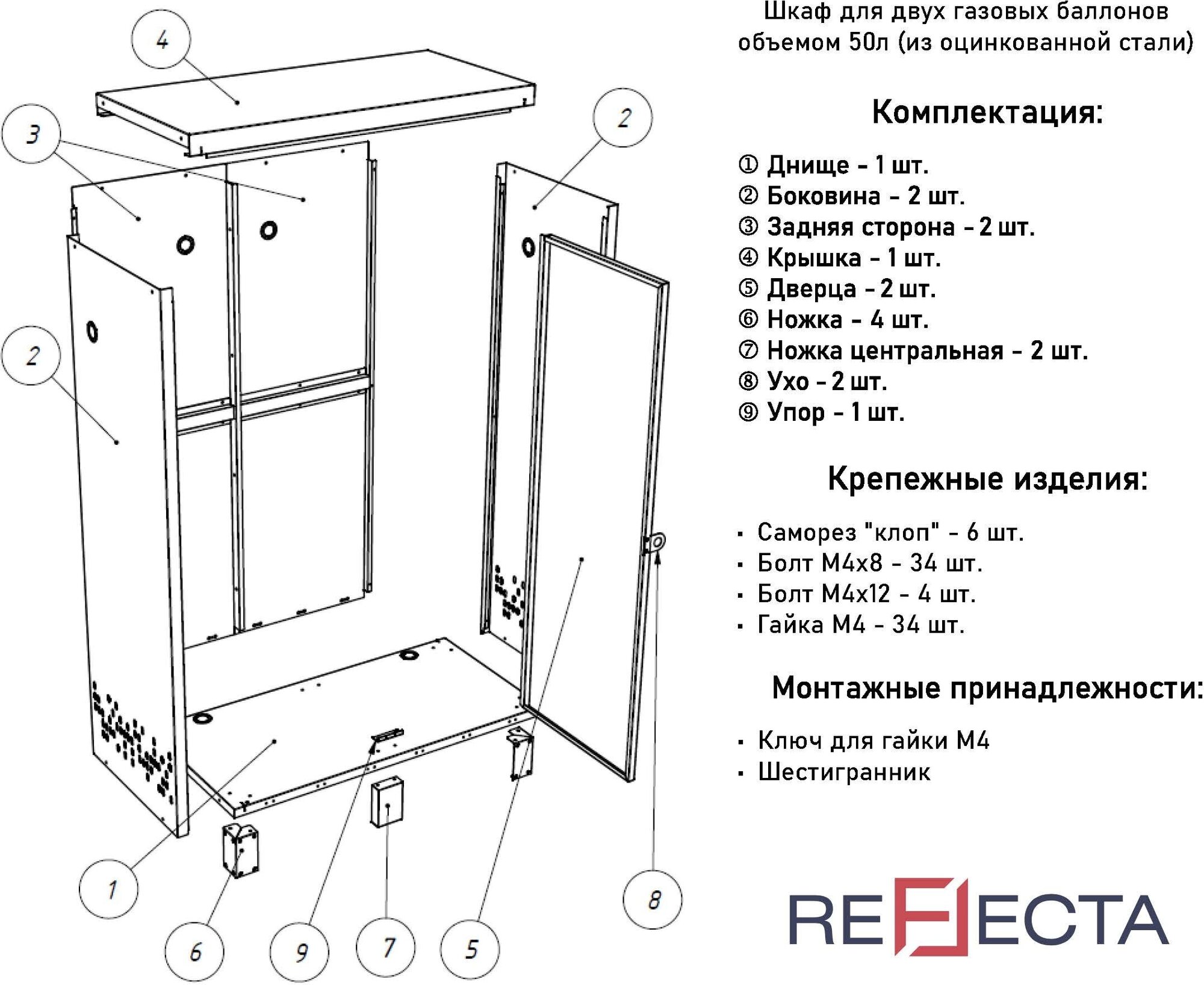 Шкаф для двух газовых баллонов по 50 л металлический, разборный, 1100x755x365. Цвет красный - фотография № 7