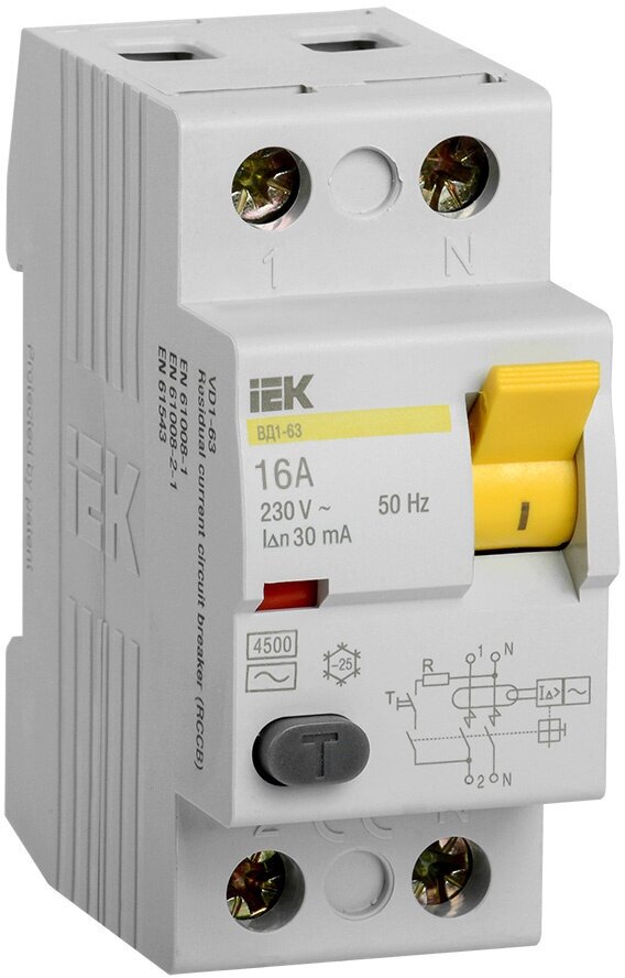 Выключатель дифф. тока УЗО IEK MDV10-2-016-030 ВД1-63 16A 30мА AC 2П 230В 2мод белый (упак:1шт)