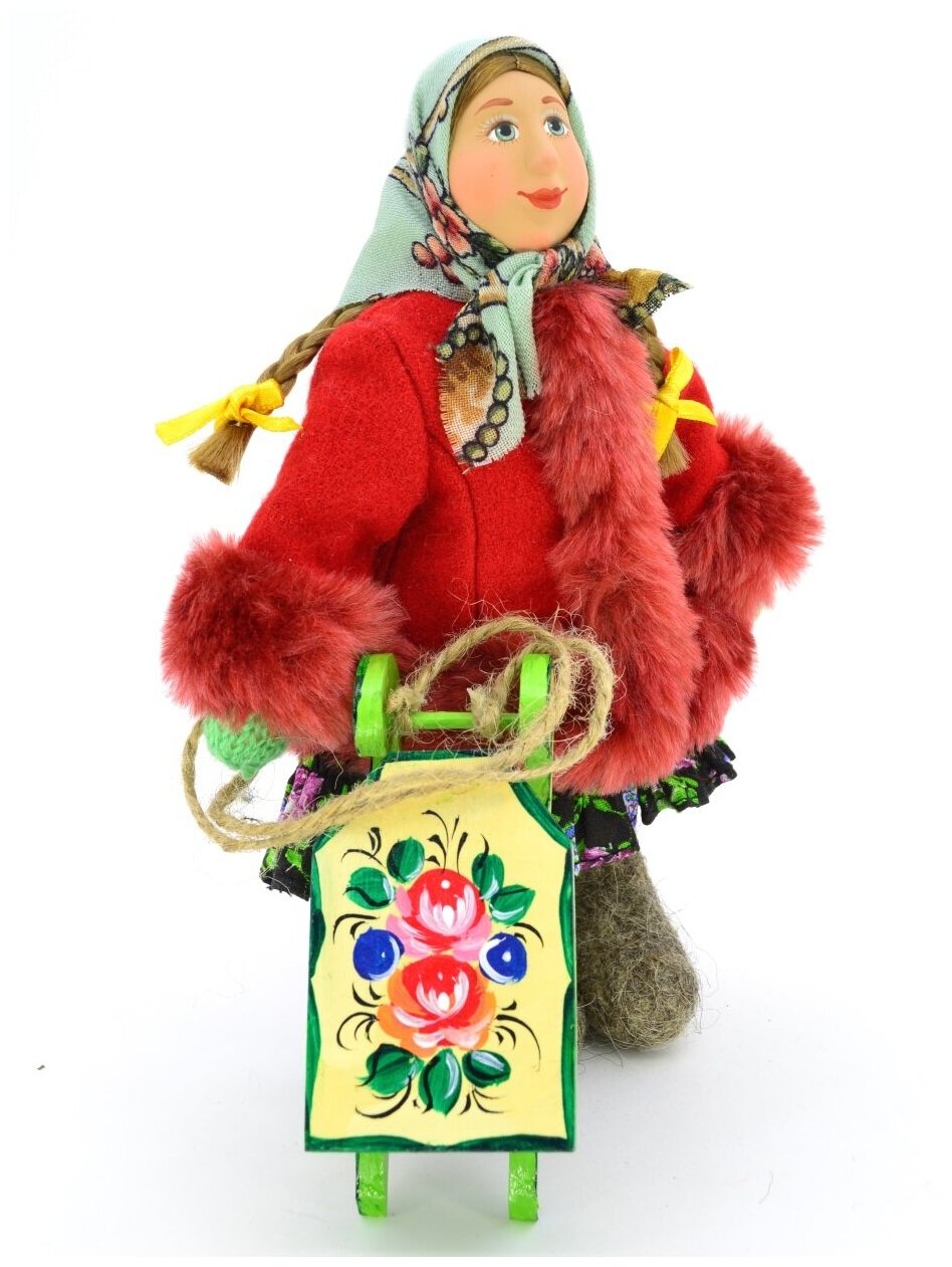 Сувенирная кукла "Девочка в зимнем костюме с санками". Ручная работа.