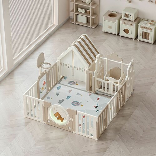 фото Манеж unix kids deluxe house camel 150x180 см, с игровым домиком, баскетбольной стойкой, доской для рисования, качелями, кремовый, молочный, бежевый