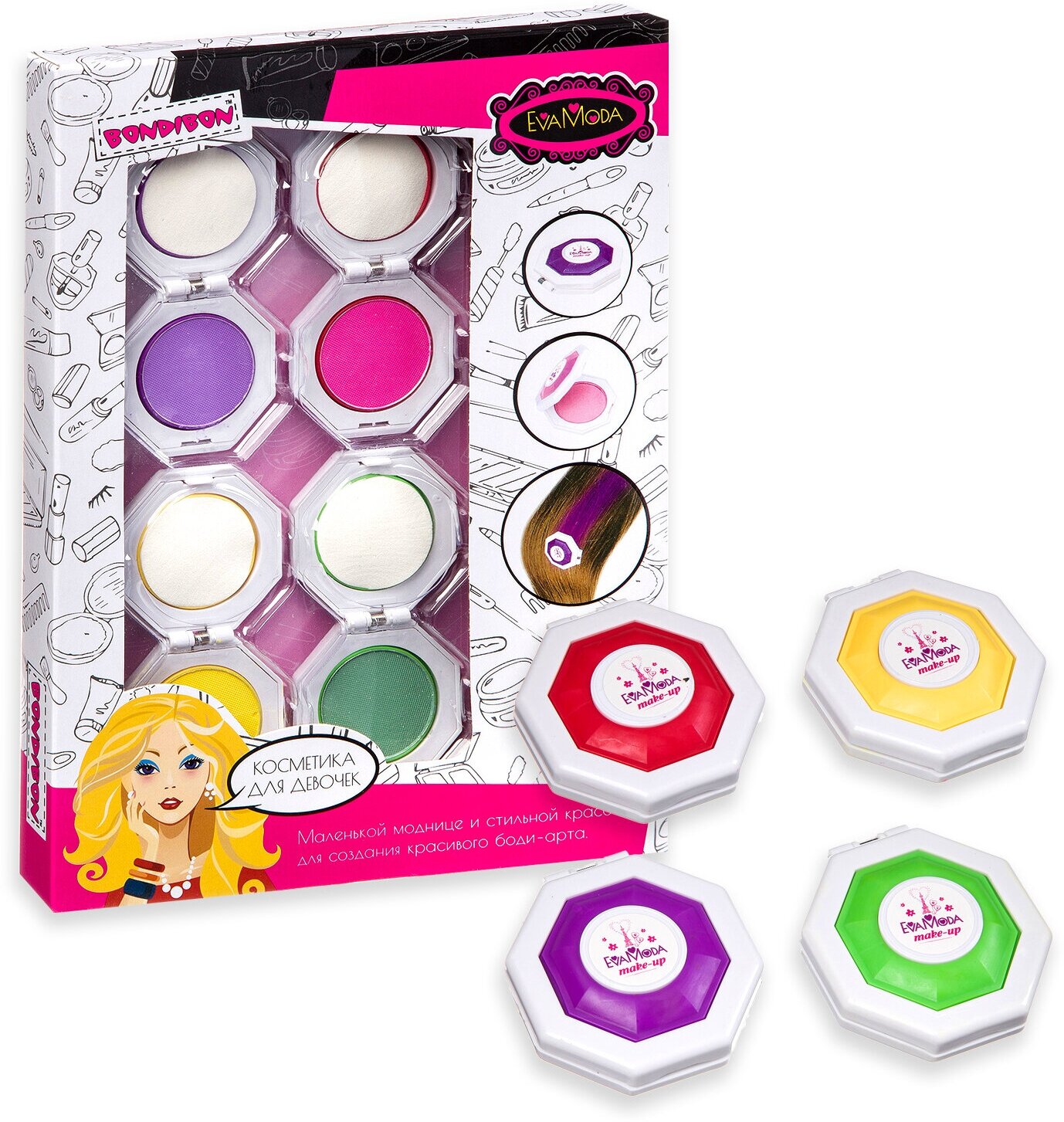 Мелки для окрашивания волос цветные Bondibon Eva Moda подарок для девочки, набор 4 цвета