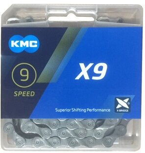 Цепь велосипедная Kmc КМС X9, 9 скоростей, 1/2X11/128"Х116, тёмно-серая, точное переключение, защита от спадания, высокопрочные пины (упаковка пакет)