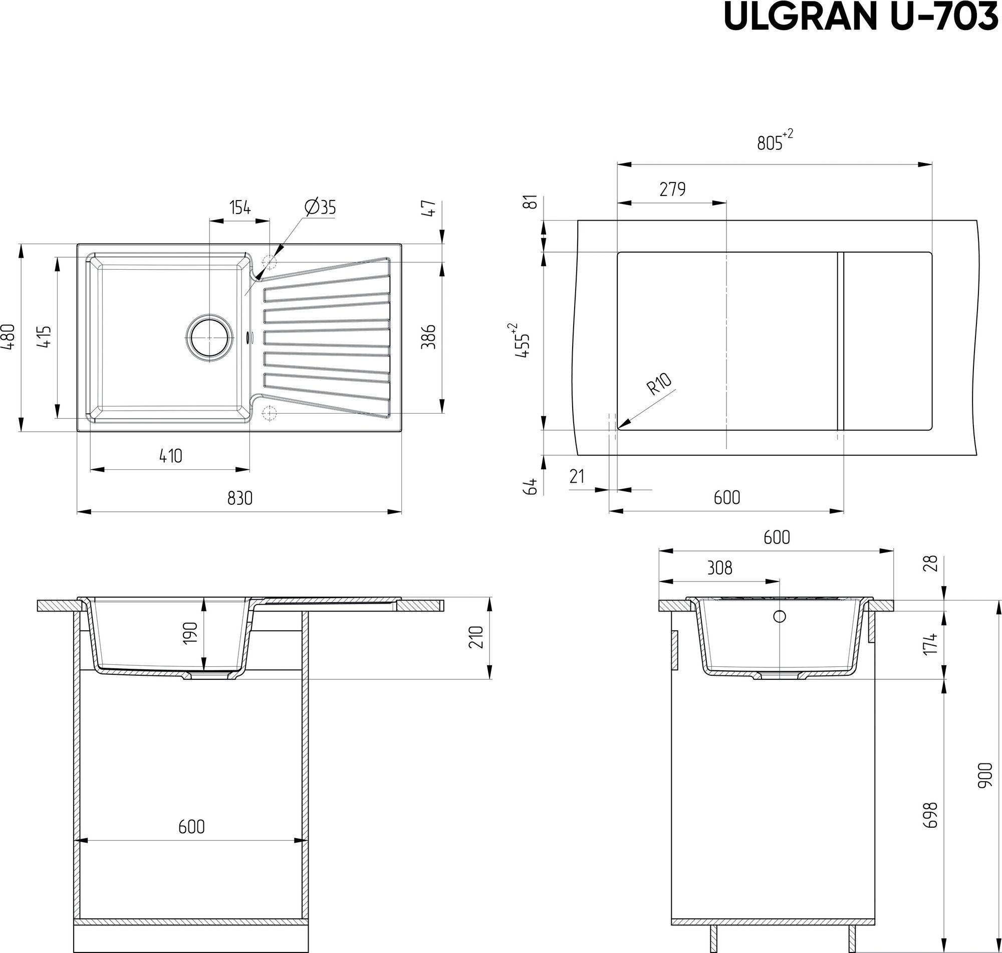 Мойка кухонная Ulgran U-703 -309 темно-серая U-703-309 - фотография № 2