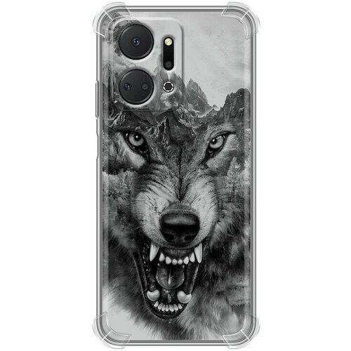 Дизайнерский силиконовый с усиленными углами чехол для Хонор Х7а / Huawei Honor X7a Волк черный, белый