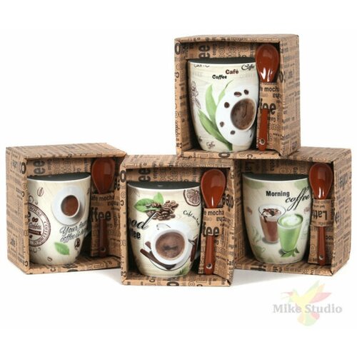 Кружка Бочка с ложкой 340мл Утренний кофе (36/1) MIX (R03H/1456J) - 6 шт.