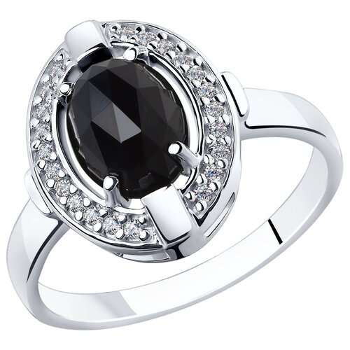 Кольцо SOKOLOV, серебро, 925 проба, родирование, фианит, агат, размер 16.5, черный lisa smith золотистое открытое кольцо с чёрным кабашоном и круглыми элементами