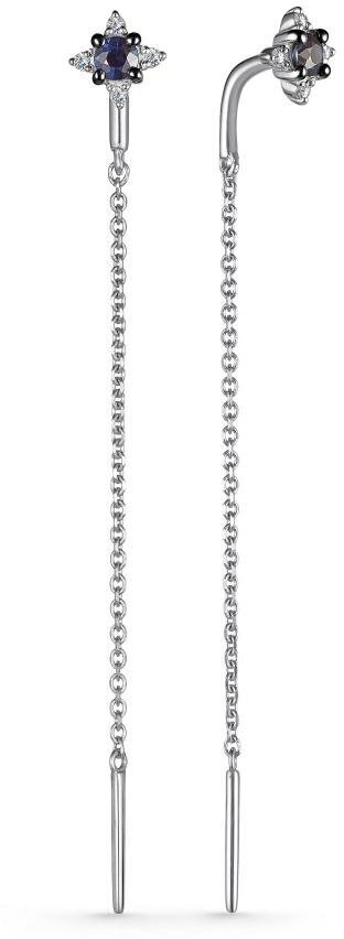 Серьги цепочки АЛЬКОР Серьги из золота 25144-202, белое золото, 585 проба, сапфир, бриллиант, синий