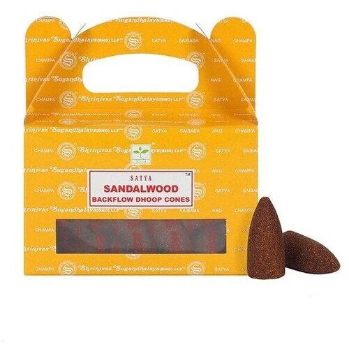 SANDALWOOD Backflow Dhoop Cones, Satya (сандаловое дерево благовония пуля стелющийся дым, Сатья), уп. 24 конуса.