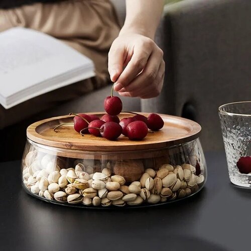 Конфетница стеклянная с деревянной крышкой 1400ml / фруктовница / тарелка с крышкой / ваза для конфет / банка для печенья / ваза для орехов