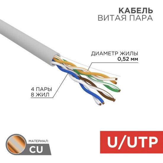 Кабель витая пара Rexant U/UTP, серия PRO, 24AWG, медь, CAT 5e, 4 пары, внутренний (indoor), ZH нг(А)-HF, бухта 305 м