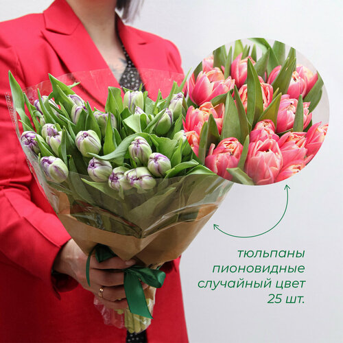 Букет цветов из Тюльпанов сорт дабл пионовидный 25 шт, цвет розовый или фиолетовый