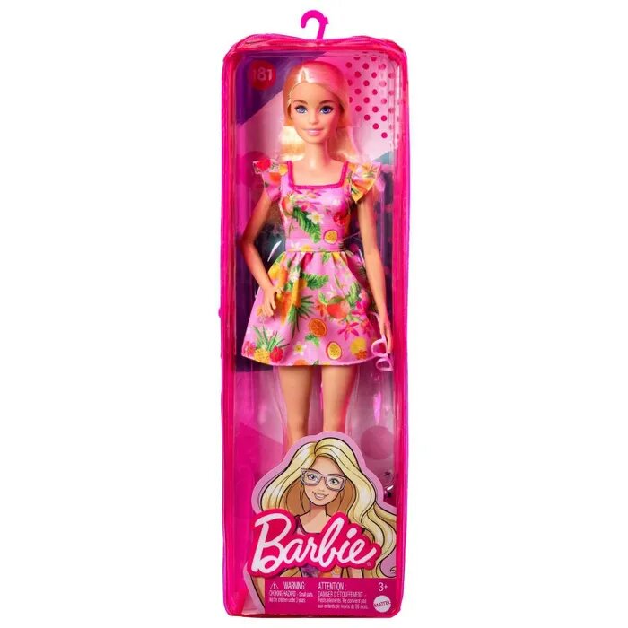 Кукла Barbie Игра с модой, 29 см, FBR37 блондинка в очках и платье с ананасами