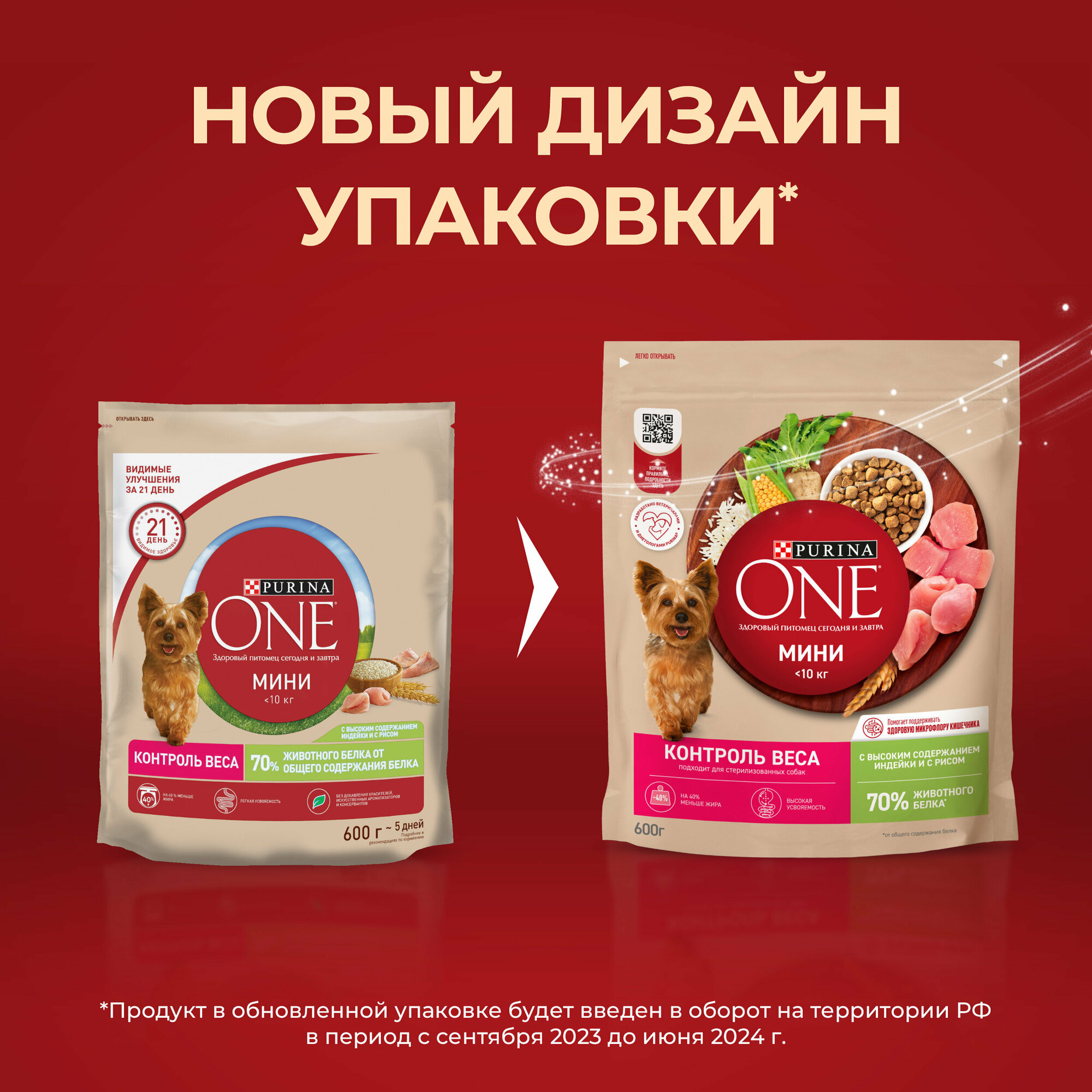 Сухой корм Purina ONE® мини для собак мелких пород, склонных к набору веса или стерилизованных с индейкой и с рисом, 600 г — фото 1