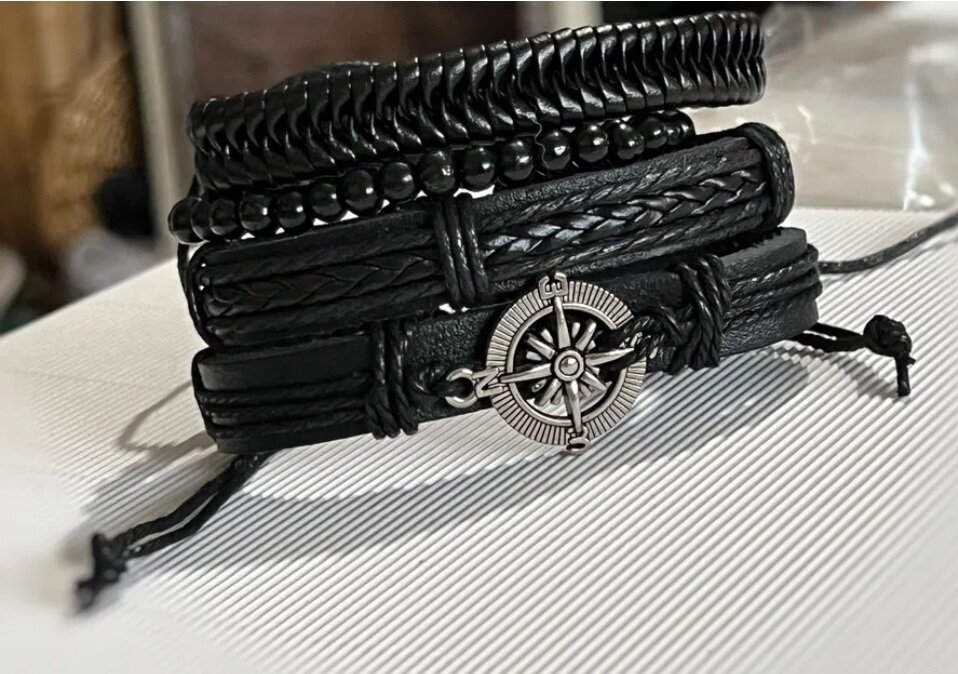 Славянский оберег, плетеный браслет Браслет на завязках безразмерный, кожаный, бохо, бижутерия, украшение на руку, комплект\набор 4 в 1, дерево, металл
