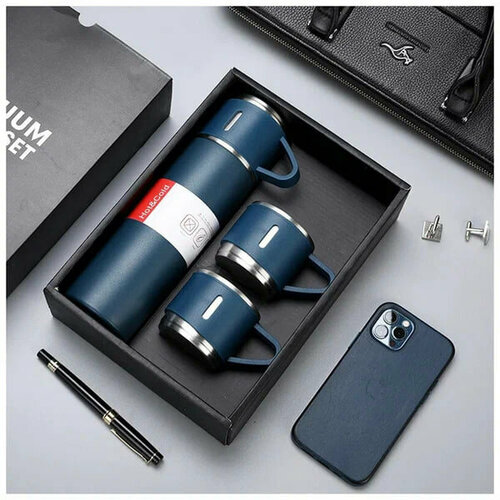 Термос с кружками Набор для чая кофе Кружка с собой Автотермос Термос для походаСиний 690₽