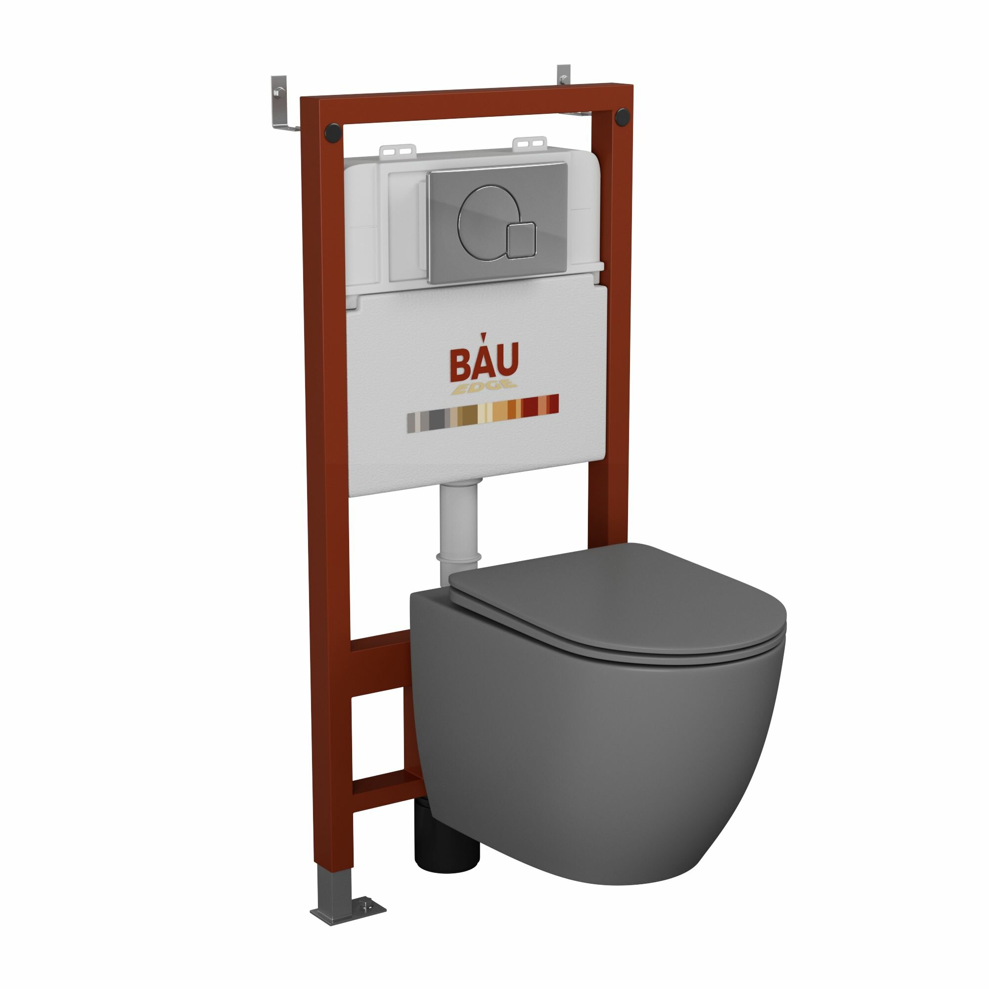 Комплект BAU 6 в 1: инсталляция BAU PRO, унитаз подвесной безободковый Bau Dream 49,5х36, сиденье дюропласт микролифт, темно-серый матовый, клавиша Omega хром