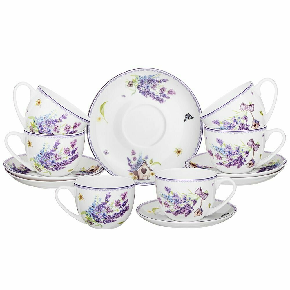 Чайный набор посуды на 6 персон Лефард Прованс Лаванда 300 мл, сервиз 12 предметов: 6 чашек и блюдец, подарочный белый фарфор Lefard