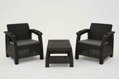 Изображение товара Комплект садовой мебели: Набор кофейный HomlyGreen на 2 персоны (2 кресла + кофейный столик), мокко, с серыми подушками