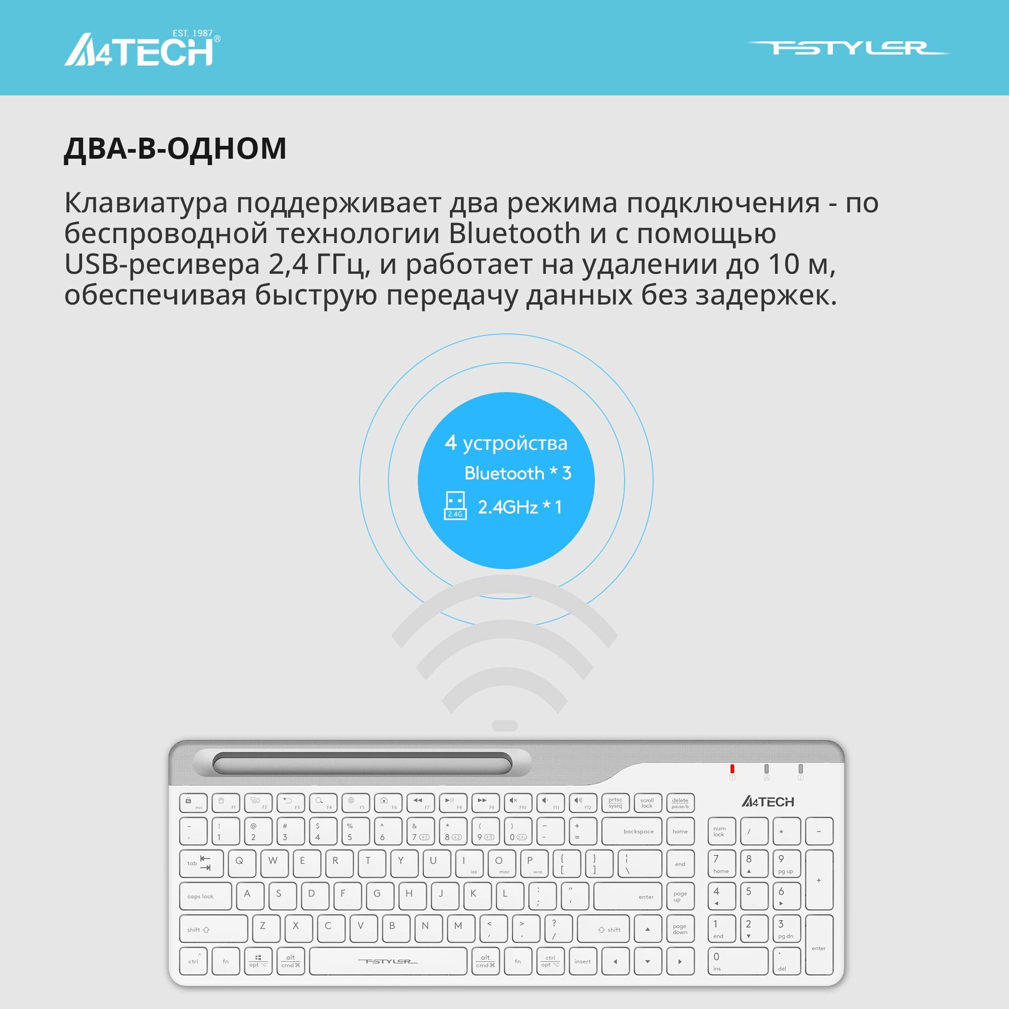 Беспроводная клавиатура A4Tech Fstyler FBK25, Bluetooth V5.0 + Radio 2. G, Multimedia, Slim — фото 1