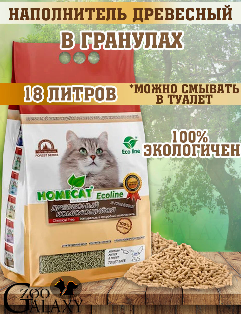 HOMECAT Наполнитель комкующийся в гранулах древесный 18 л
