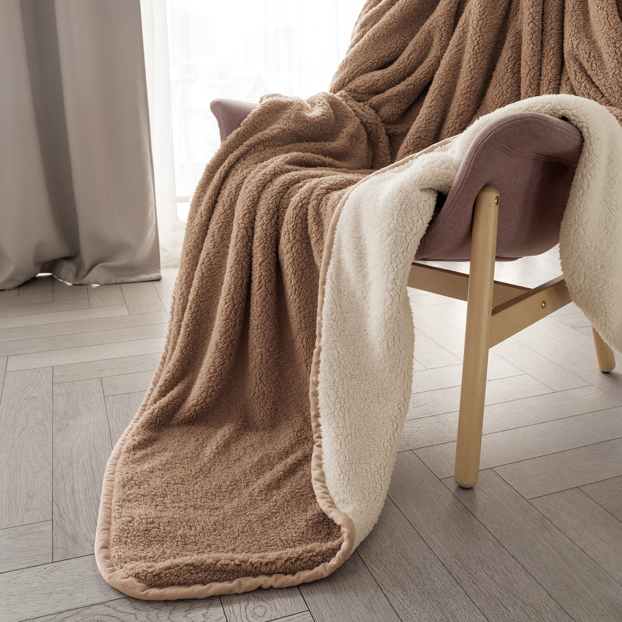 Плед DeNASTIA "Уютный" 200x220см, полиэстер 100%, двухсторонний, бежевый — фото 1