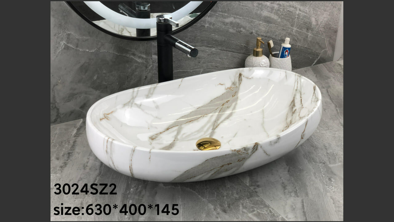 Раковина накладная OSSO 3024 WHITE MARBLE, керамическая, овальная, белый, для ванной комнаты