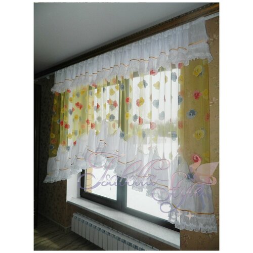 Комплект штор для кухни Злата (лютики разноцветные + рюшка белая), нейлон + органза, высота 170 см, по ленте регулируется до 3,5 м