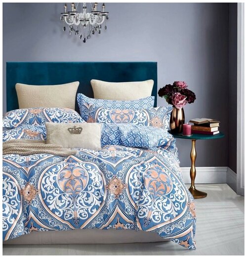 Семейное постельное белье из сатина синее с восточным орнаментом