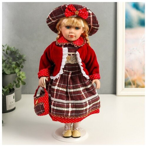 Купить Кукла коллекционная керамика Инга в красном, платье в горох и клетку 40 см, нет бренда