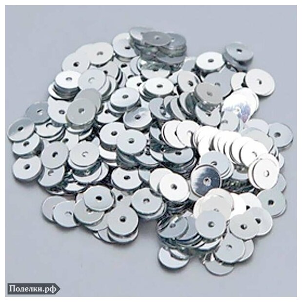 Пайетки плоские PL6-1 серебряный цвет 6 мм 10 г, цена за 1 уп.
