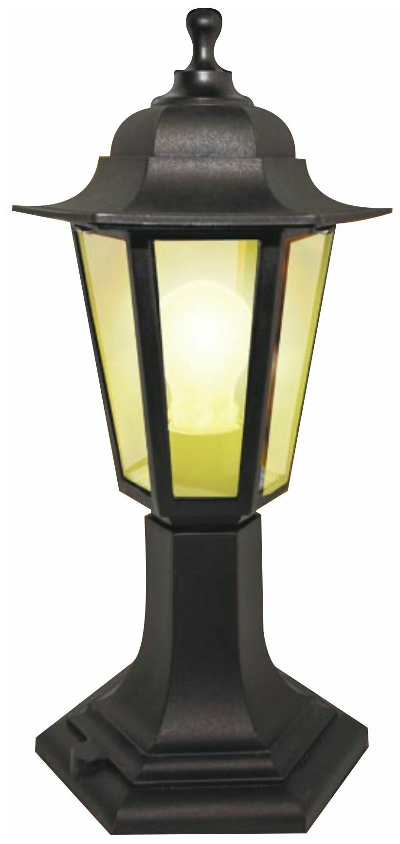 Наземный садово-парковый светильник Оскар 1 11-97. Садово-парковое освещение в виде напольного, черного, шестигранного фонаря на столбике.