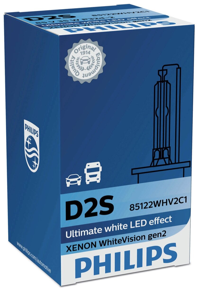 Philips Ксеноновая Автолампа D2S 35W +120% Xenon WhiteVision 1шт+ QR код подлинности 85122WHV2C1