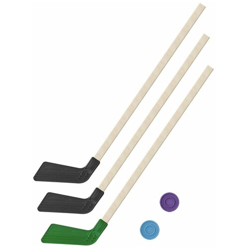 Набор Задира-плюс 3 клюшки хоккейных 80 см и 2 шайбы, КЛ2-Ш2-КЛ-Ш черный/зеленый 4 шт спортивная воздушная фурнитура для хоккея